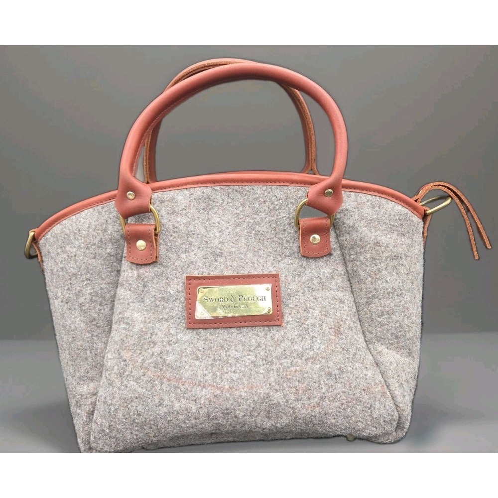 Sword & Plough Upcycled Wool Felt Satchel Handbag Grey Leather Excellent...